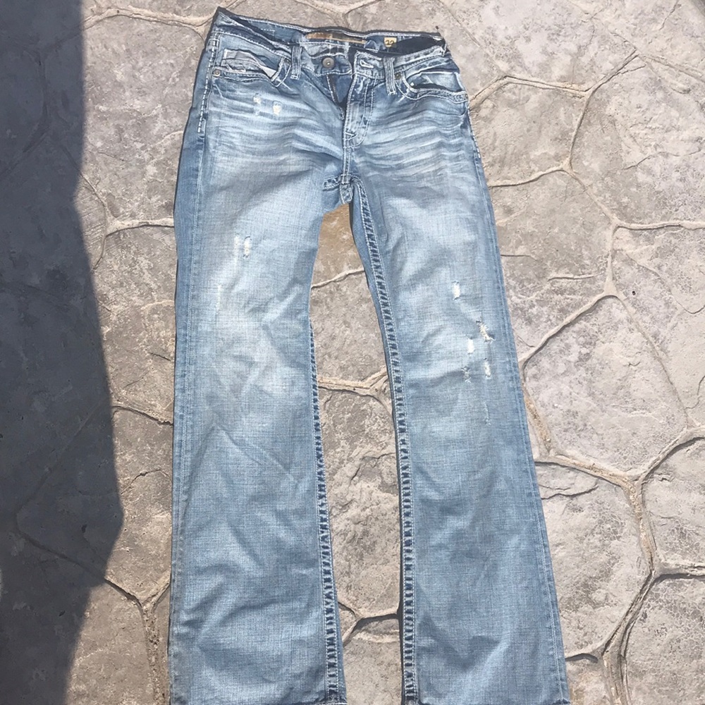 BKE Frayed patch jeans. 32/34